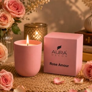 aura decor rose amour scented candle | luxury rose fragrance candle with bulgarian rose, vanilla & cashmere woods | premium glass jar aromatherapy candle for home décor, bedroom, romance & gifting