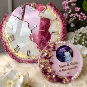 pink elegance wall clock with blossom memories photo frame